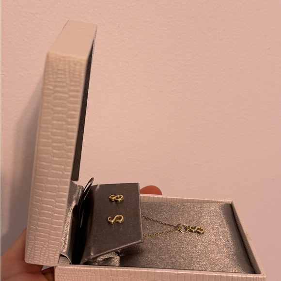 Gold Over Sterling Silver Initial Necklace and Earring Set - Picture 2 of 4